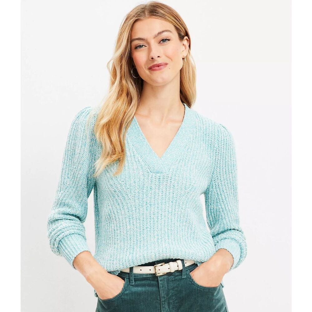 Loft Marled Ribbed V-Neck Sweater puffy sleeve green/white Sz L NWT
